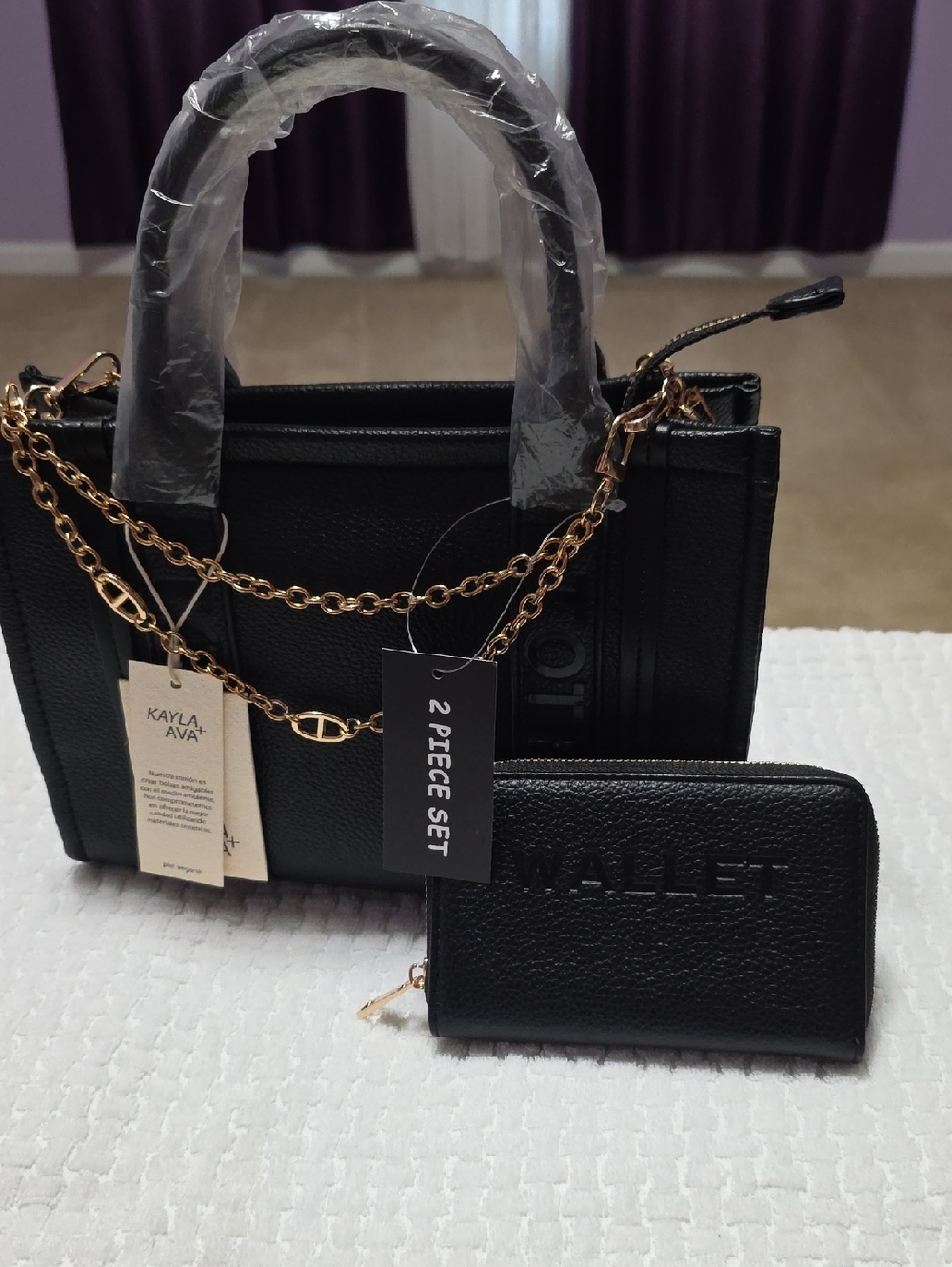 Black Satchel & Zip Wallet Set with Gold Chain